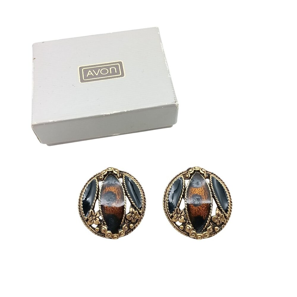 Vintage Avon Clip-On Earrings With Faux Onyx & Brown Enamel Accents In Gold-Tone